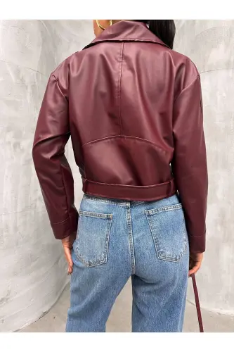 Double-Breasted Belted Women's Faux Leather Jacket - Bordeauxkrvz - 4