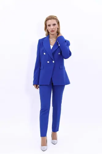 Double-Breasted Blazer & Cigarette Pants Suit - Teal 