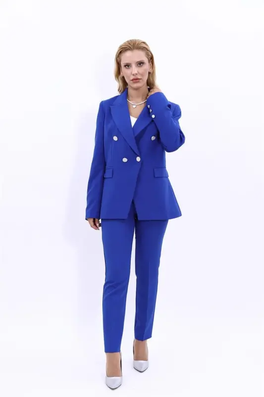 Double-Breasted Blazer & Cigarette Pants Suit - Teal - 1
