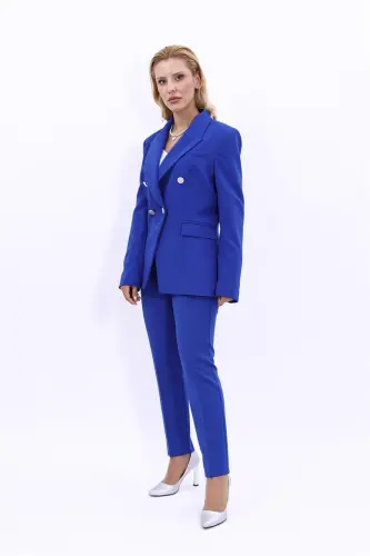 Double-Breasted Blazer & Cigarette Pants Suit - Teal - 2