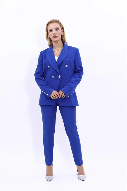 Double-Breasted Blazer & Cigarette Pants Suit - Teal - 5