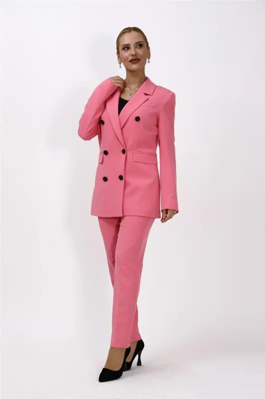 Double-Breasted Blazer Jacket with Mandarin Collar & Slim Fit Trousers - Pink - Pink - 1