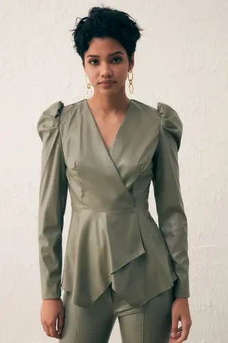 Double-Breasted Leather Blouse Celadon Green-CELADON GREEN 