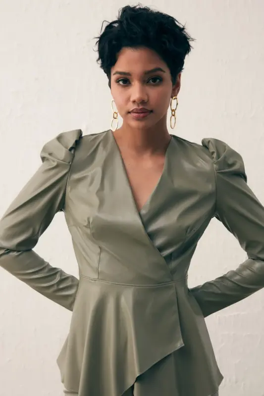 Double-Breasted Leather Blouse Celadon Green-CELADON GREEN - 2