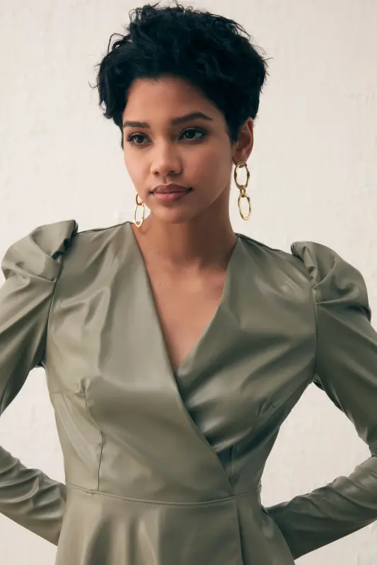 Double-Breasted Leather Blouse Celadon Green-CELADON GREEN - 3