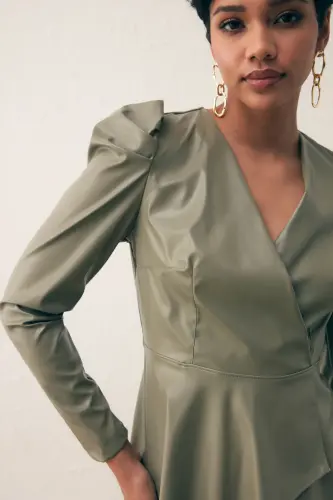 Double-Breasted Leather Blouse Celadon Green-CELADON GREEN - 4