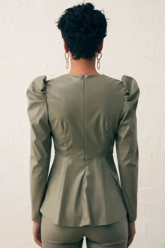 Double-Breasted Leather Blouse Celadon Green-CELADON GREEN - 6