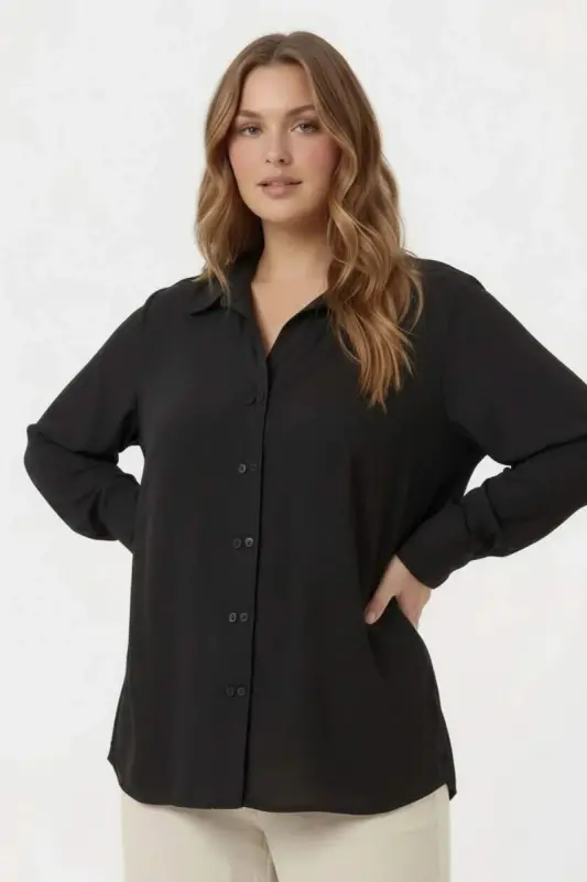 Double-Breasted Plus Size Shirt Black - BÜYÜKBEDENIZ