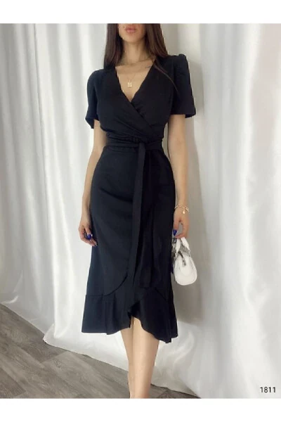 Double Breasted Princess Sleeve Flounced Belted Evening Dress - MODAKOKOSH