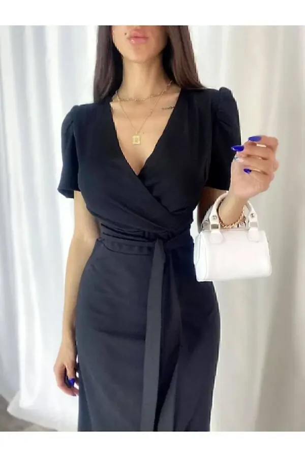 Double Breasted Princess Sleeve Flounced Belted Evening Dress - 3