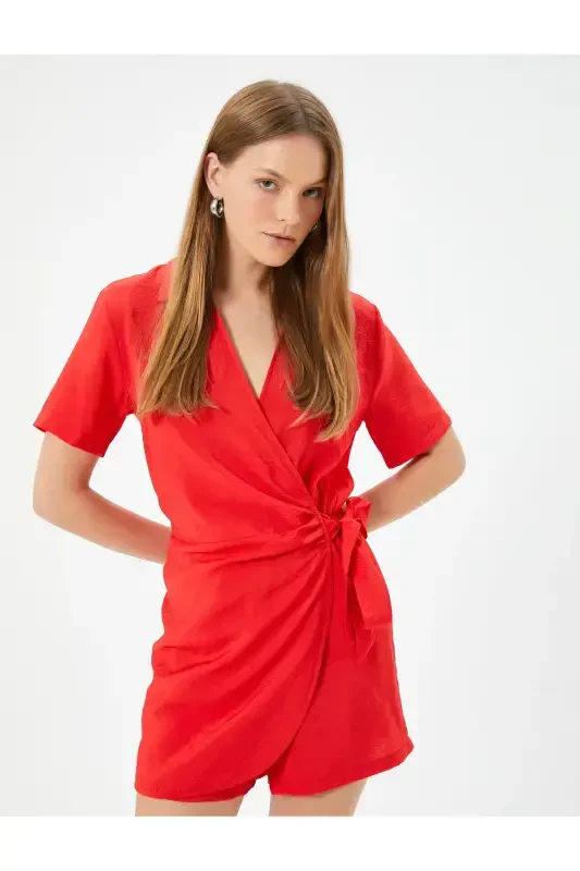 Double Breasted Shorts Jumpsuit Shirt Collar Tie Detail Short Sleeve - KOTON