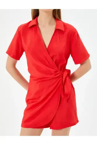 Double Breasted Shorts Jumpsuit Shirt Collar Tie Detail Short Sleeve - 5