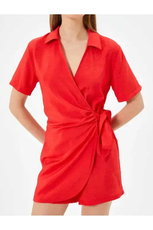 Double Breasted Shorts Jumpsuit Shirt Collar Tie Detail Short Sleeve - 5