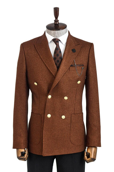 Double-Breasted Slim Fit Brown Men's Jacket - Wessi - WESSI