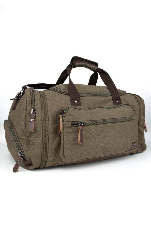 Double Compartment Shoe Compartment Canvas Sports & Travel Suitcase Dark Khaki - 2