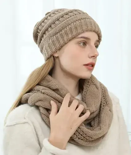 Double Couple Womens Scarf Beanie Hat Set Thick Winter Infinity Scarf Knit Scarfs for Women - 5