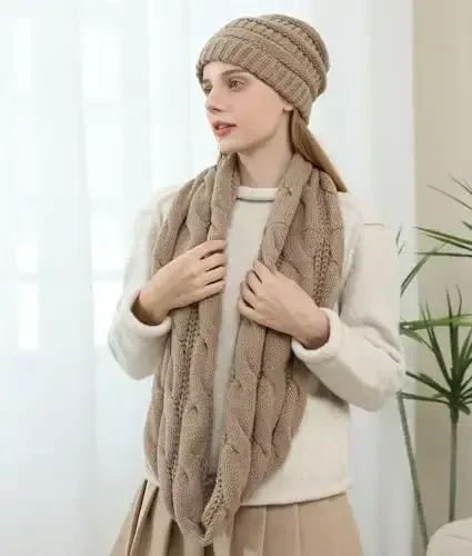 Double Couple Womens Scarf Beanie Hat Set Thick Winter Infinity Scarf Knit Scarfs for Women - 6