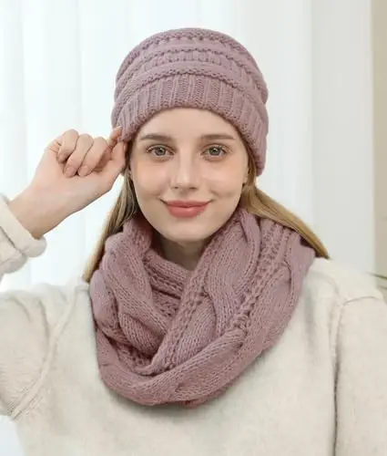 Double Couple Womens Scarf Beanie Hat Set Thick Winter Infinity Scarf Knit Scarfs for Women - 5