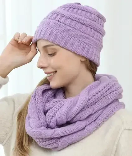 Double Couple Womens Scarf Beanie Hat Set Thick Winter Infinity Scarf Knit Scarfs for Women - 6