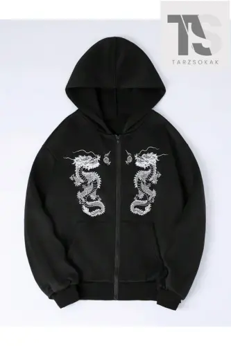 Double Dragons Sweatshirt Zip-Up Hoodie - black dragon 