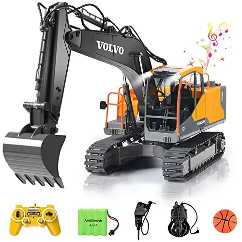 Double E Volvo 1: 16 Scale Remote Control Excavator, 17 Channel 3-in-1 Construction Toy with Metal Shovel, Drill, Grab & Lights, 2.4GHz Full Function Digger for Outdoor Sandbox, Gift for Kids & Adults - 1