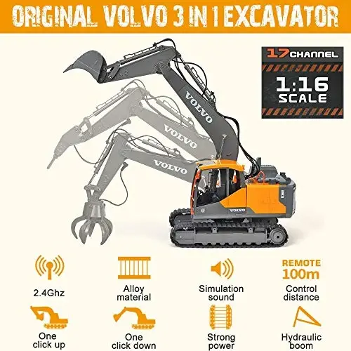Double E Volvo 1: 16 Scale Remote Control Excavator, 17 Channel 3-in-1 Construction Toy with Metal Shovel, Drill, Grab & Lights, 2.4GHz Full Function Digger for Outdoor Sandbox, Gift for Kids & Adults - 3