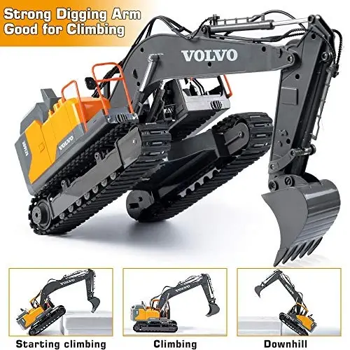 Double E Volvo 1: 16 Scale Remote Control Excavator, 17 Channel 3-in-1 Construction Toy with Metal Shovel, Drill, Grab & Lights, 2.4GHz Full Function Digger for Outdoor Sandbox, Gift for Kids & Adults - 4
