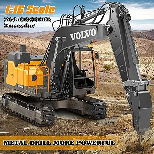 Double E Volvo 1: 16 Scale Remote Control Excavator, 17 Channel 3-in-1 Construction Toy with Metal Shovel, Drill, Grab & Lights, 2.4GHz Full Function Digger for Outdoor Sandbox, Gift for Kids & Adults - 5