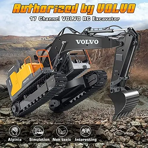 Double E Volvo 1: 16 Scale Remote Control Excavator, 17 Channel 3-in-1 Construction Toy with Metal Shovel, Drill, Grab & Lights, 2.4GHz Full Function Digger for Outdoor Sandbox, Gift for Kids & Adults - 6