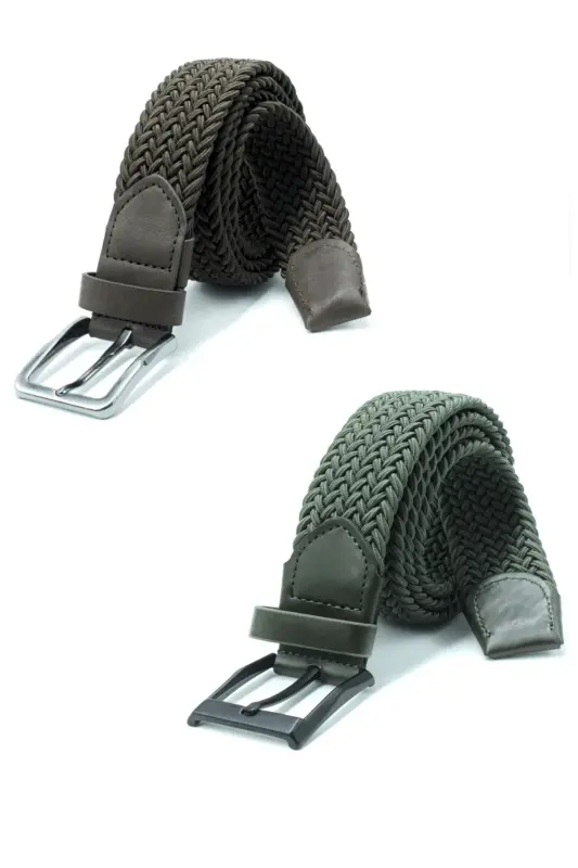 Double Elastic Braided Belt 3.5cm Navy Blue Rubber Belt Unisex 2 PCS-BROWN - DERIKEM