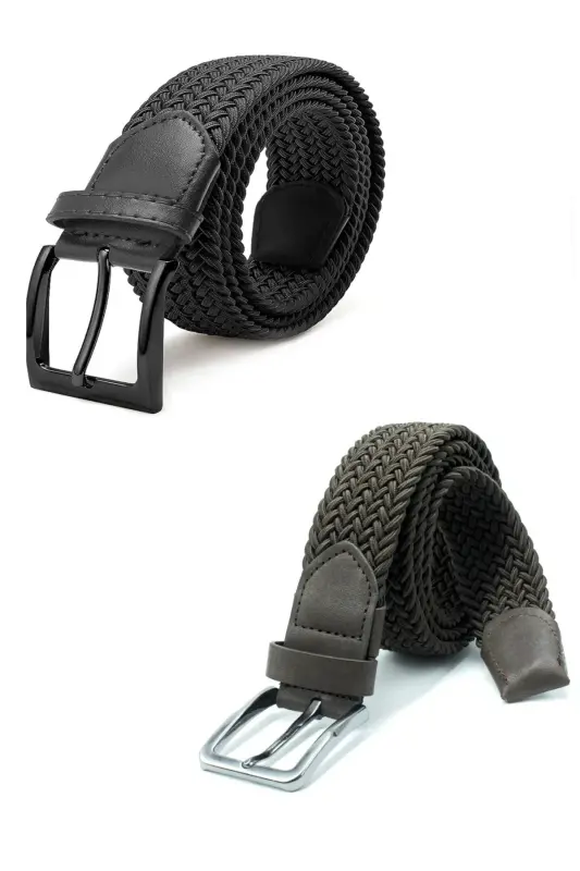 Double Elastic Knitted Belt 3.5cm Black And Brown Rubber Belt Unisex 2 Pieces-BLACK - 6