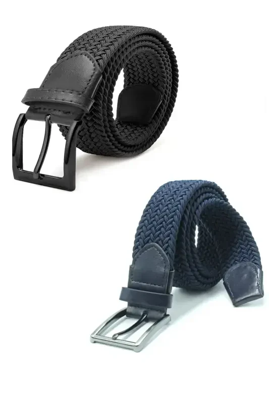 Double Elastic Knitted Belt 3.5cm Black And Navy Blue Rubber Belt Unisex 2 Pieces-BLACK - 1