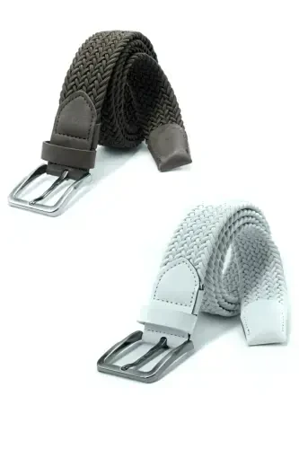 Double Elastic Knitted Belt 3.5cm Brown and White Rubber Belt Unisex 2 Pieces-BROWN - 1