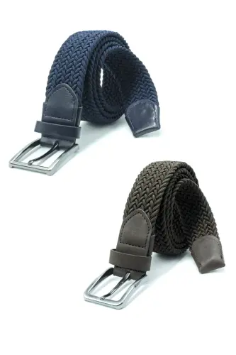 Double Elastic Knitted Belt 3.5cm Navy Blue And Brown Rubber Belt Unisex 2 Pieces-NAVY BLUE 