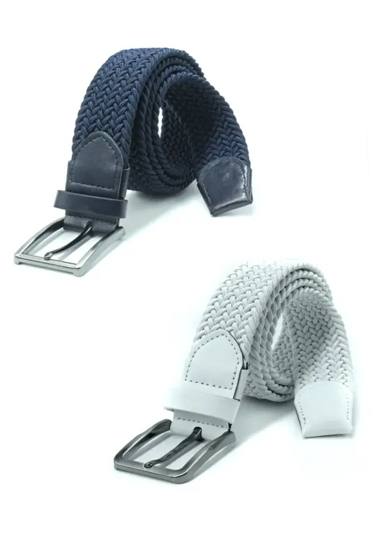 Double Elastic Knitted Belt 3.5cm Navy Blue And White Rubber Belt Unisex 2 Pieces-NAVY BLUE - 1
