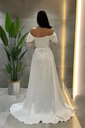 Double Kumaş Balenli Saten Detaylı Abiye Elbise - BEYAZ - 4