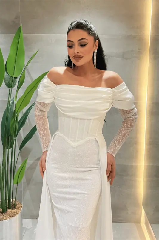 Double Kumaş Balenli Saten Detaylı Abiye Elbise - BEYAZ - 5