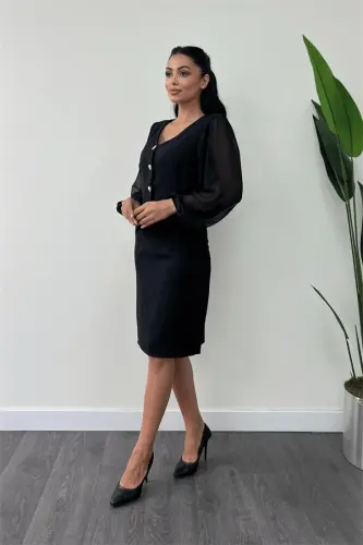 Double Fabric Button Detailed Sleeves Chiffon Pencil Dress - BLACK - 1