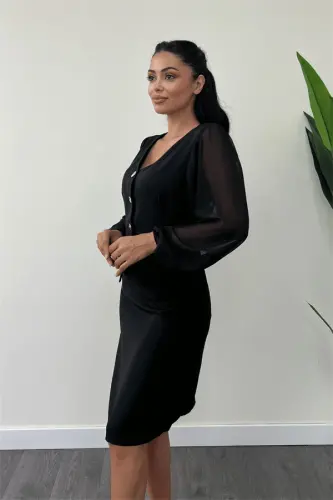 Double Fabric Button Detailed Sleeves Chiffon Pencil Dress - BLACK - 3