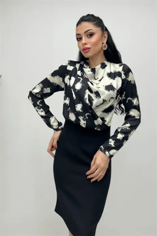 Double Fabric Chiffon Satin Dress - BLACK - 2