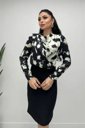 Double Fabric Chiffon Satin Dress - BLACK - 4