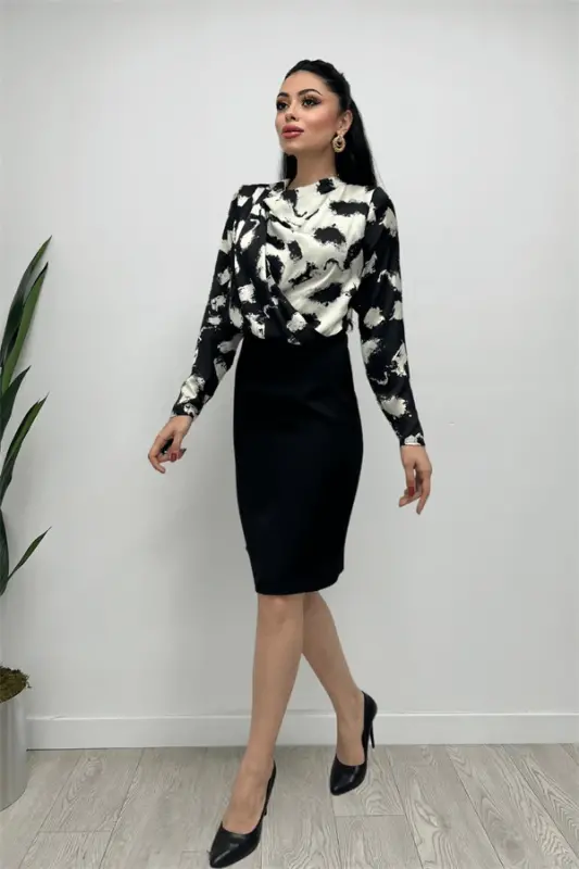 Double Fabric Chiffon Satin Dress - BLACK - 5