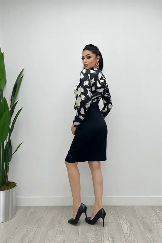 Double Fabric Chiffon Satin Dress - BLACK - 7