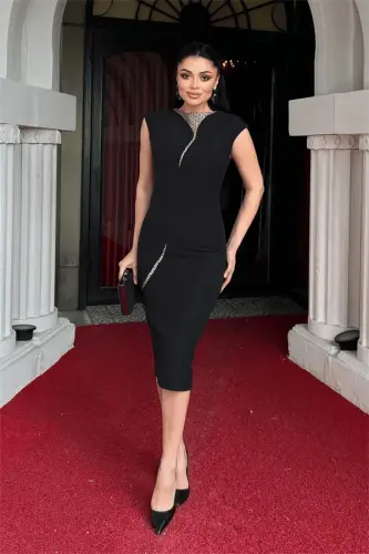 Double Fabric Design Pen Dress - BLACK - 2