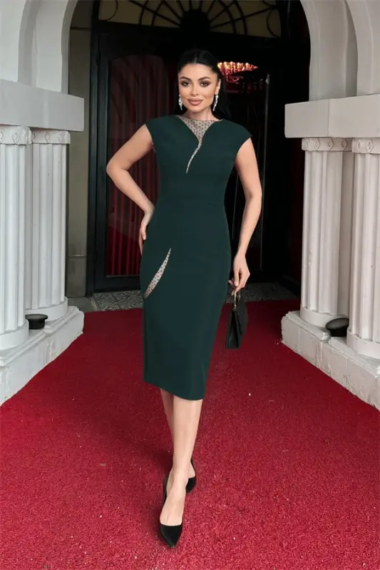 Double Fabric Design Pencil Dress - EMERALD GREEN - BÜYÜKBEDENIZ