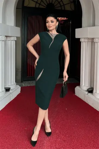 Double Fabric Design Pencil Dress - EMERALD GREEN - BÜYÜKBEDENIZ (1)