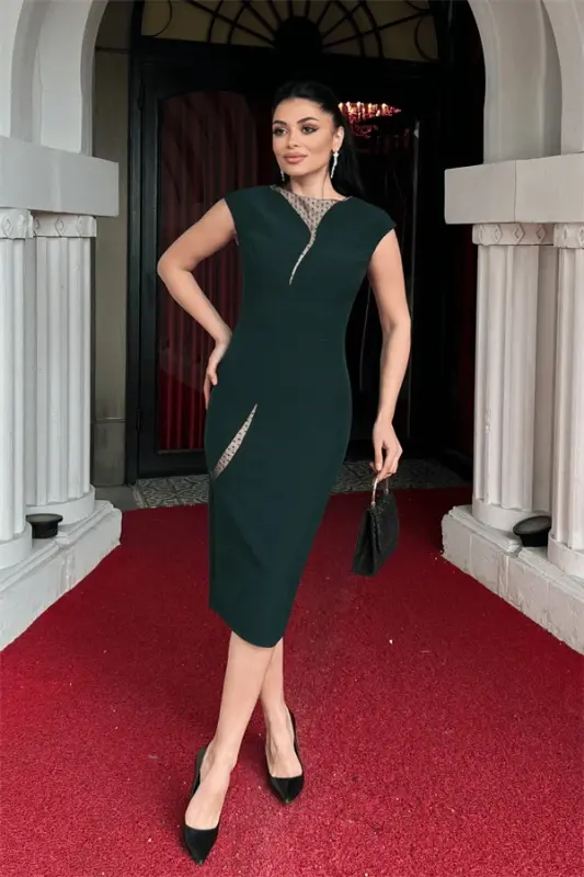 Double Fabric Design Pencil Dress - EMERALD GREEN - 2