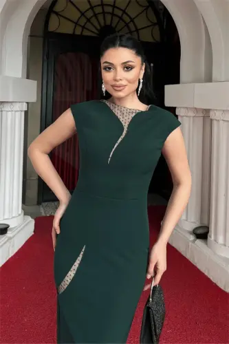 Double Fabric Design Pencil Dress - EMERALD GREEN - 4