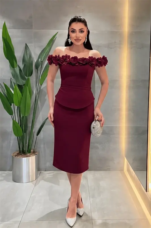 Double Kumaş Çiçek Detaylı Kalem Elbise - BORDO - 3