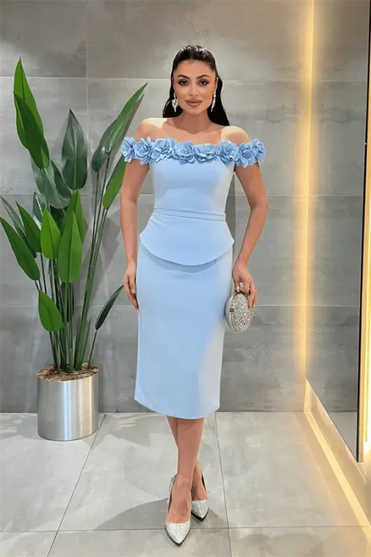 Double Fabric Flower Detailed Pencil Dress - BABY BLUE - 1